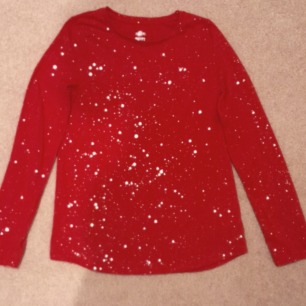 Soft red long sleeve T shirt, girls size 14, with silver sparkles